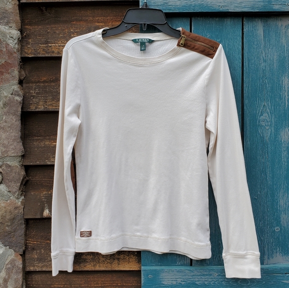 Ralph Lauren LRL Womens Top Faux Suede Elbow Patches Scoop Neck Ivory L - Picture 2 of 6